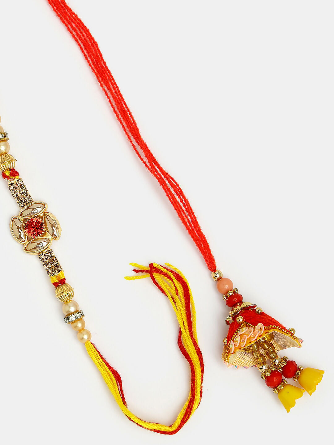 NVR Women & Men Set of 2 Red & Gold-Toned Stone-Studded Bhaiya Bhabhi Rakhi With Roli Chawal | Swadesiicart