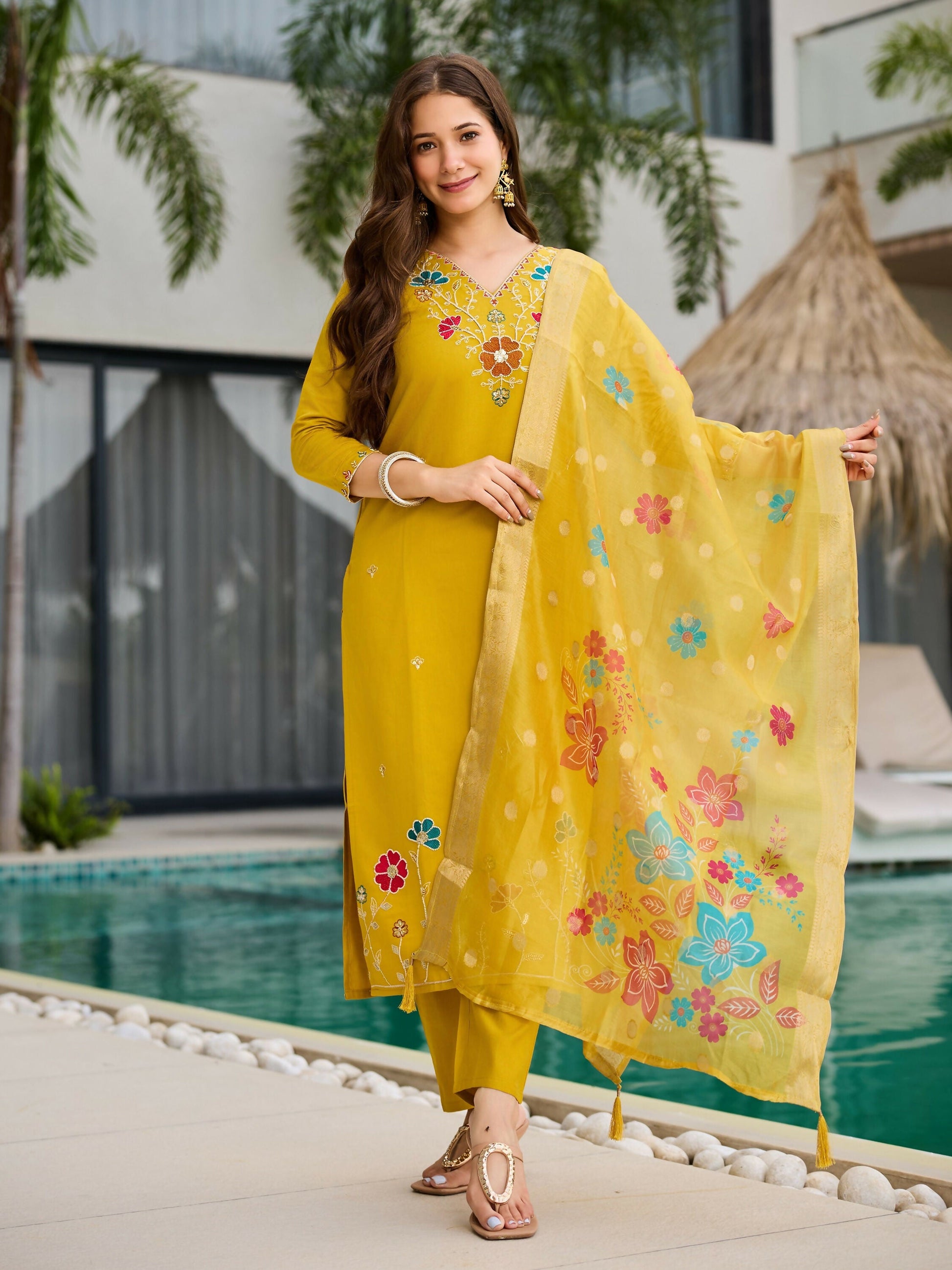 The52 Yellow Women's Gorgeous Embroidered work Viscose Gadhwal Fabric Straight Kurta, Pant and Dupatta Set - Swadesiicart