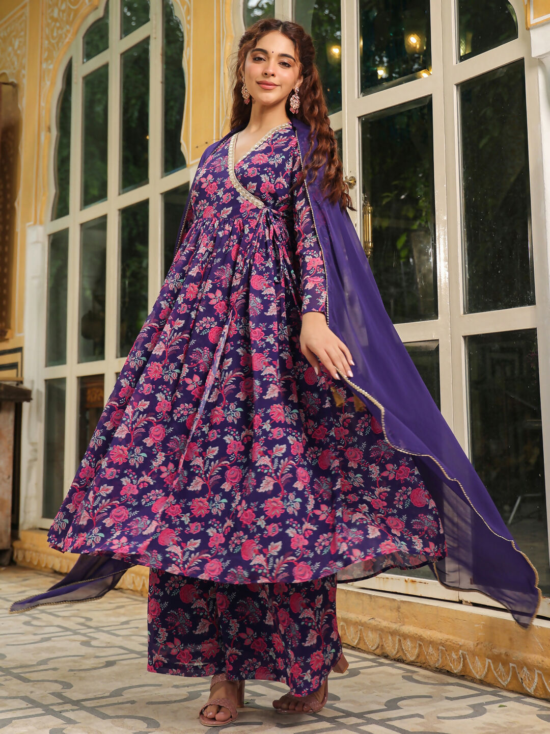 Janasya Purple Georgette Floral Kurta,Bottom & Dupatta | Swadesiicart