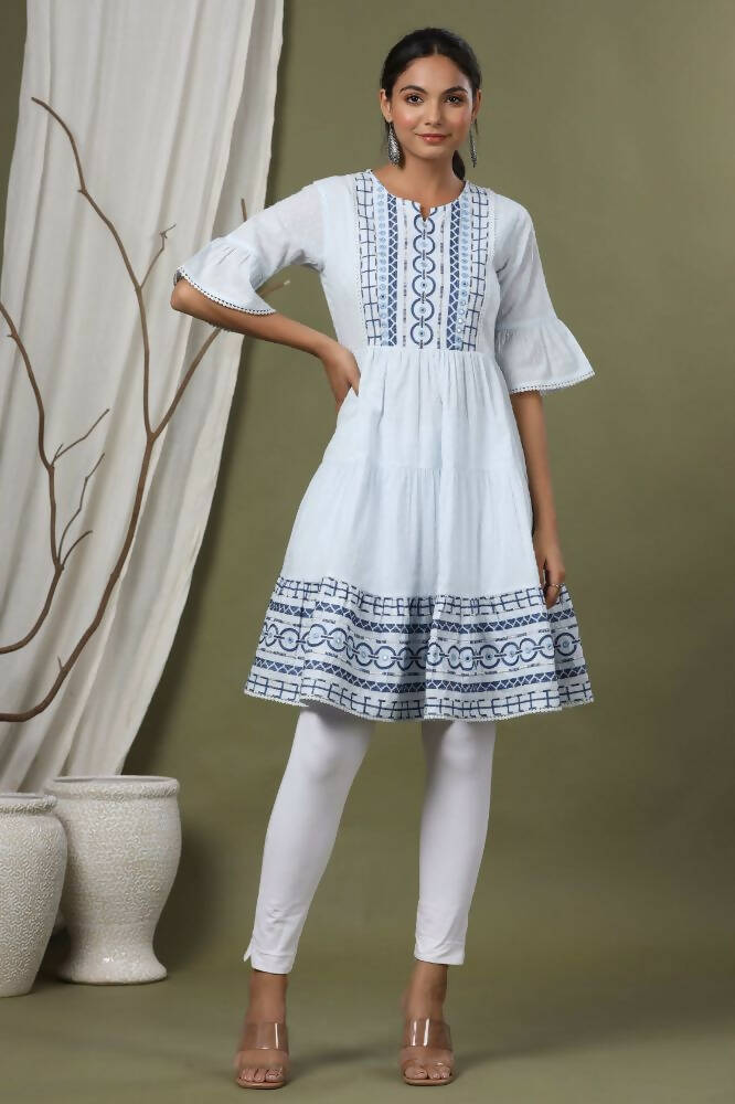Juniper Sky Blue Cotton Dobby Festive Embroidered Tiered Dress For Women | Swadesiicart