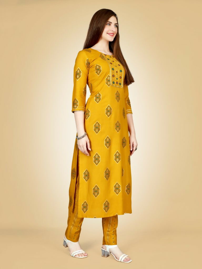 Jyoti Fashion Women's Yellow Viscose Rayon Embroidered Kurta Pant Set | Swadesiicart