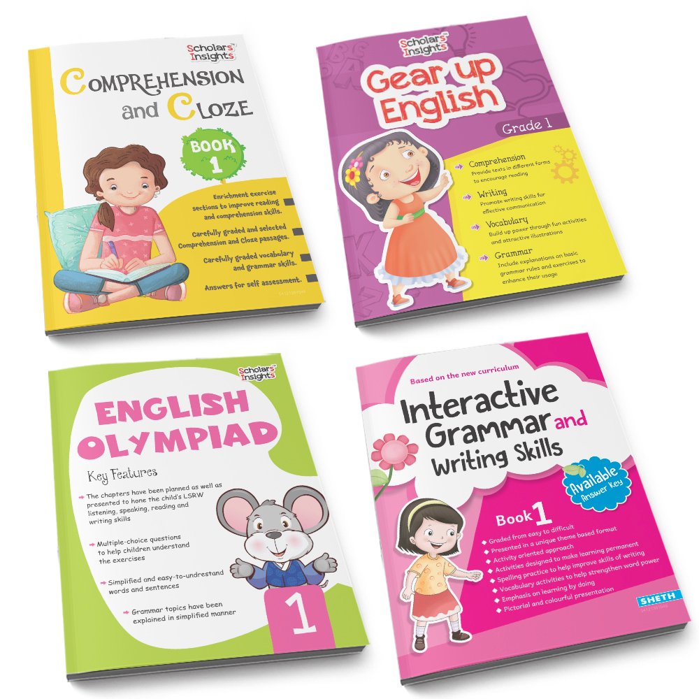 Grade 1 Ultimate English Combo Practice Workbooks Set of 4: Grammar, Writing Skills, Olympiad Prep, and Gear Up English| Ages 6-7 Years - Swadesiicart