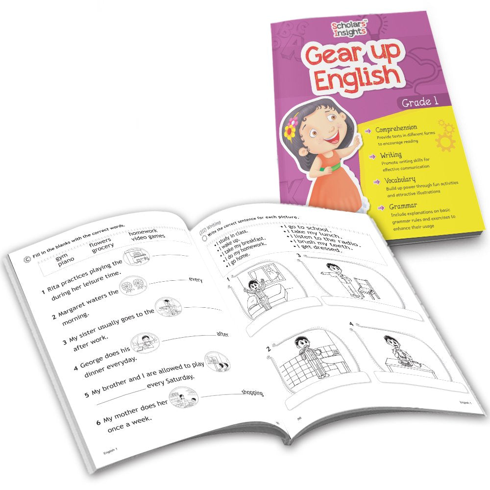 Grade 1 Ultimate English Combo Practice Workbooks Set of 4: Grammar, Writing Skills, Olympiad Prep, and Gear Up English| Ages 6-7 Years - Swadesiicart