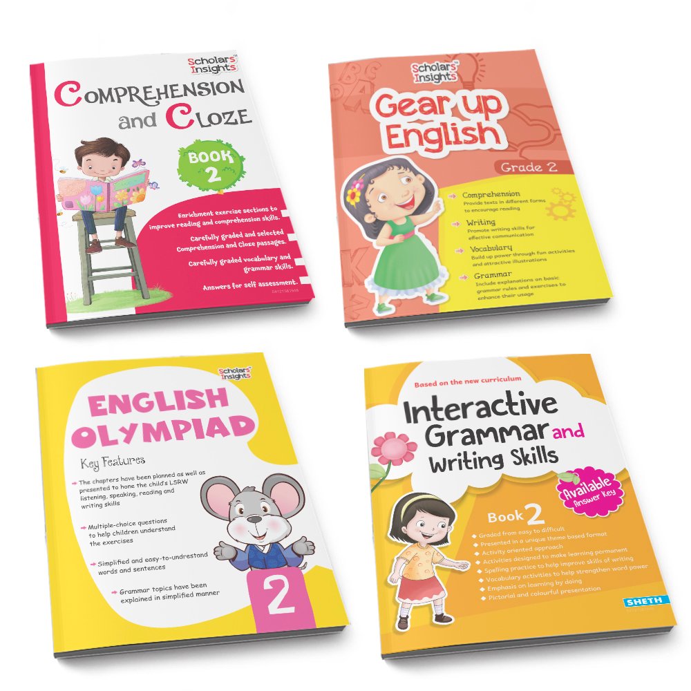 Grade 2 Ultimate English Combo Practice Workbooks Set of 4: Grammar, Writing Skills, Olympiad Prep, and Gear Up English| Ages 7-8 Years - Swadesiicart