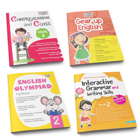 Grade 2 Ultimate English Combo Practice Workbooks Set of 4: Grammar, Writing Skills, Olympiad Prep, and Gear Up English| Ages 7-8 Years - Swadesiicart
