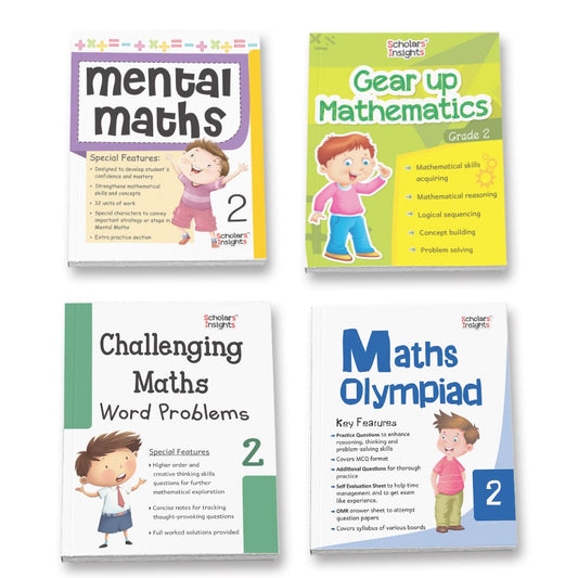 Grade 2 Comprehensive Learning with Mathematics Workbooks Set of 4 Ages 7-8 Years: Gear Up Math, Mental Math, Olympiad, and Challenging Word Problems - Swadesiicart