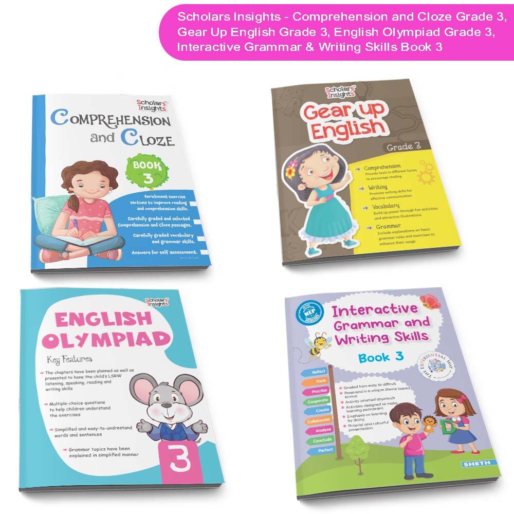 Grade 3 Ultimate English Combo Practice Workbooks Set of 4: Grammar, Writing Skills, Olympiad Prep, and Gear Up English| Ages 8-9 Years - Swadesiicart