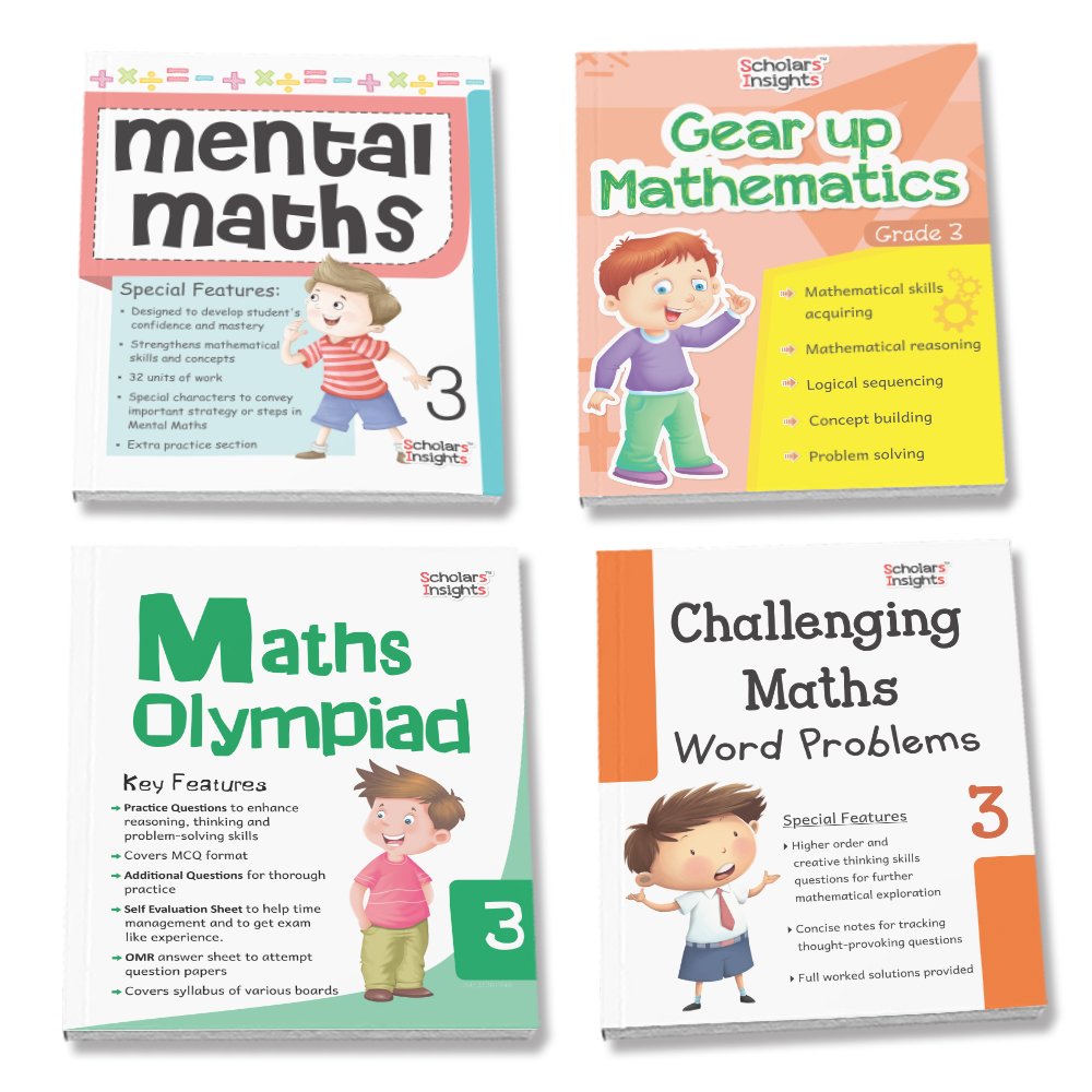 Grade 3 Comprehensive Learning with Mathematics Workbooks Set of 4 Ages 8-9 Years: Gear Up Math, Mental Math, Olympiad, and Challenging Word Problems - Swadesiicart