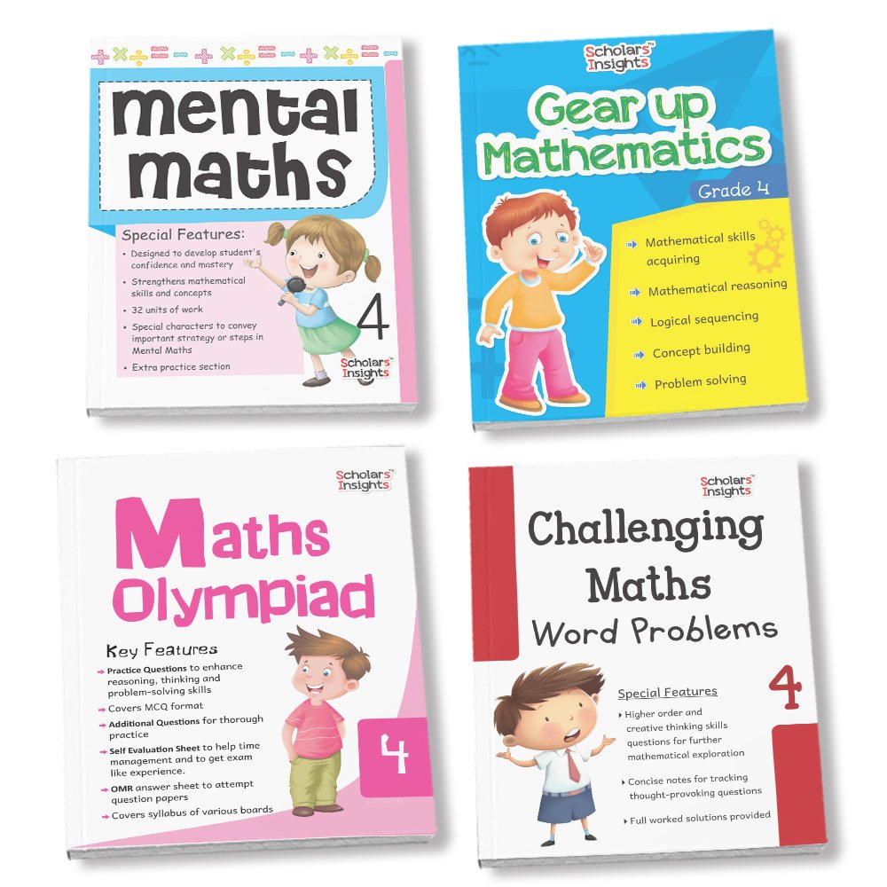 Grade 4 Comprehensive Learning with Mathematics Workbooks Set of 4 Ages 9-10 Years: Gear Up Math, Mental Math, Olympiad, and Challenging Word Problems - Swadesiicart