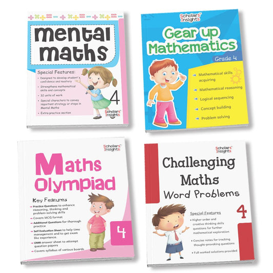 Grade 4 Comprehensive Learning with Mathematics Workbooks Set of 4 Ages 9-10 Years: Gear Up Math, Mental Math, Olympiad, and Challenging Word Problems - Swadesiicart