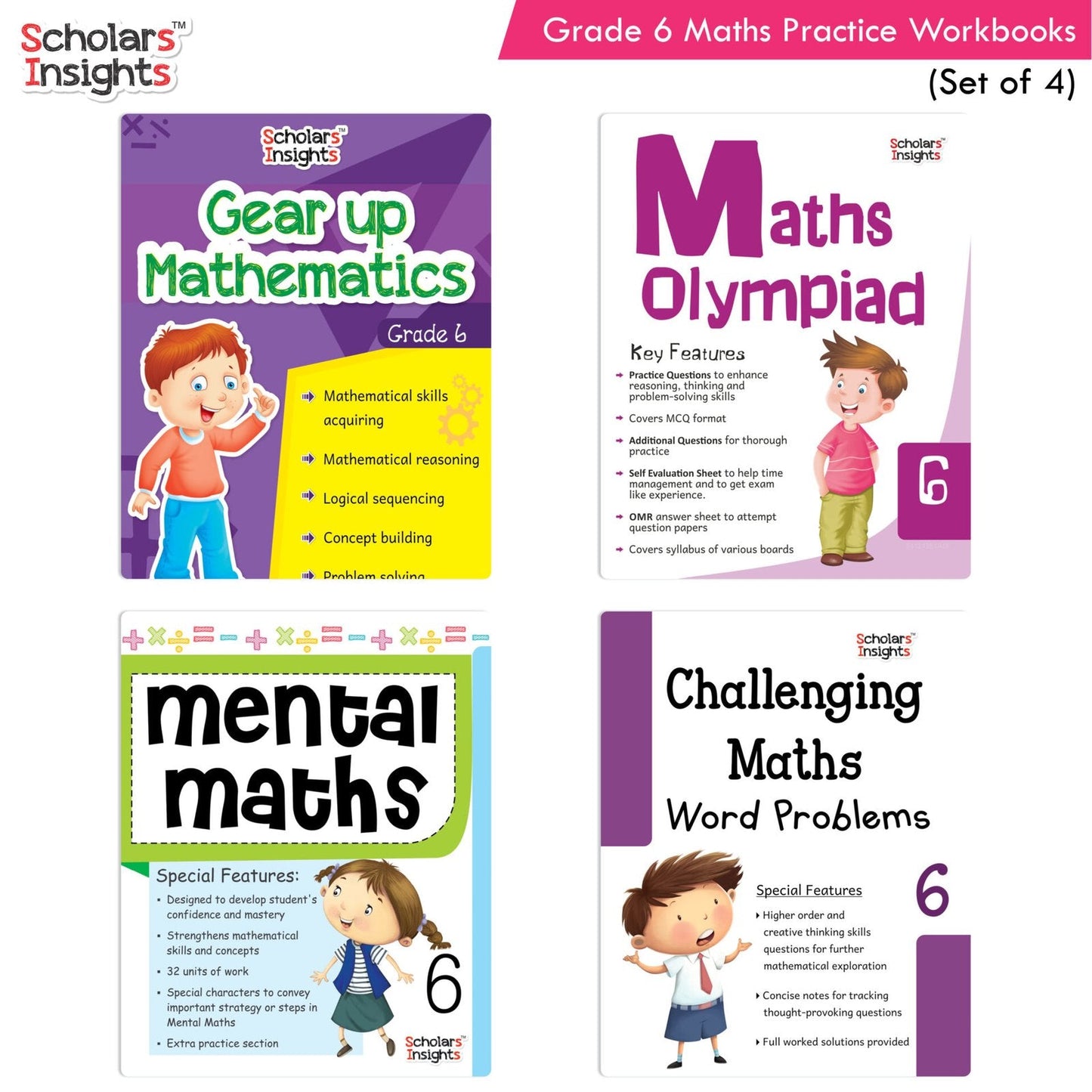 Grade 6 Comprehensive Learning with Mathematics Workbooks Set of 4 Ages 11-12 Years: Gear Up Math, Mental Math, Olympiad, Challenging Word Problems - Swadesiicart