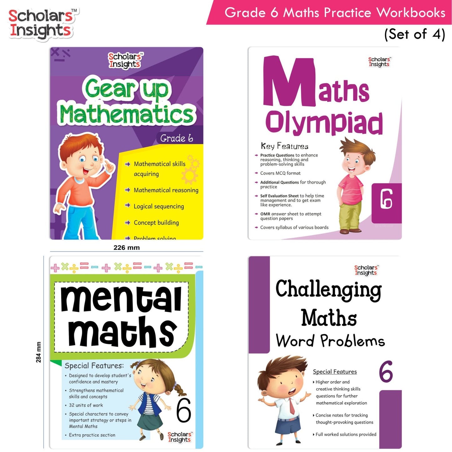 Grade 6 Comprehensive Learning with Mathematics Workbooks Set of 4 Ages 11-12 Years: Gear Up Math, Mental Math, Olympiad, Challenging Word Problems - Swadesiicart