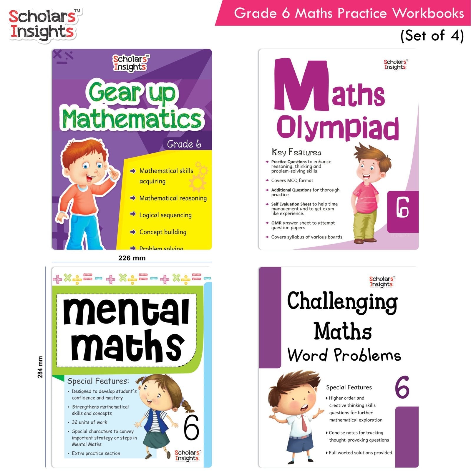 Grade 6 Comprehensive Learning with Mathematics Workbooks Set of 4 Ages 11-12 Years: Gear Up Math, Mental Math, Olympiad, Challenging Word Problems - Swadesiicart