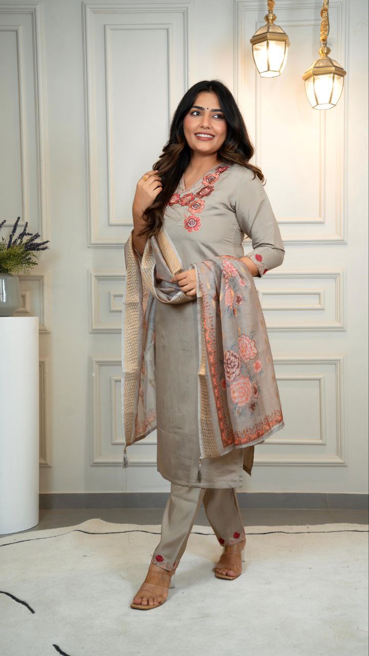 Lorenvalley Fashion Grey Roman Silk Embroidery Multi with Sequence Work Kurta Pant with Dupatta - Swadesiicart