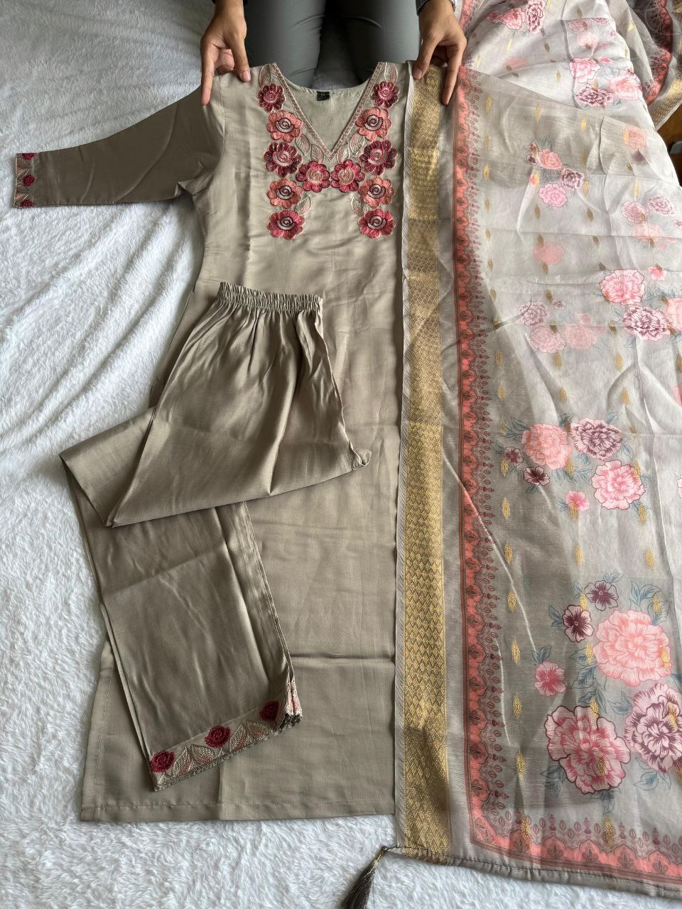 Lorenvalley Fashion Grey Roman Silk Embroidery Multi with Sequence Work Kurta Pant with Dupatta - Swadesiicart