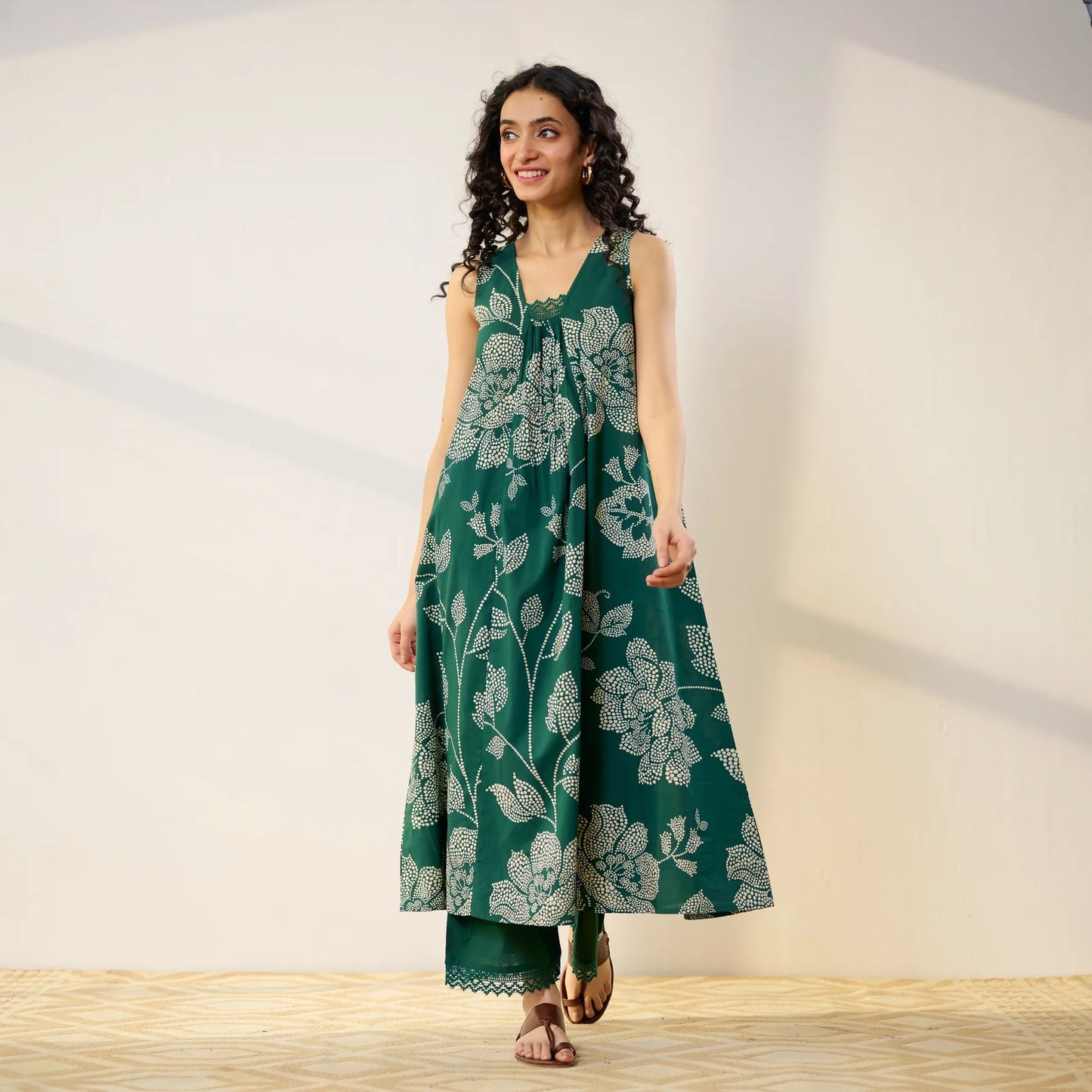 Pimu Women Floral Printed Pleated Pure Cotton Kurta with Palazzos-Green - Swadesiicart
