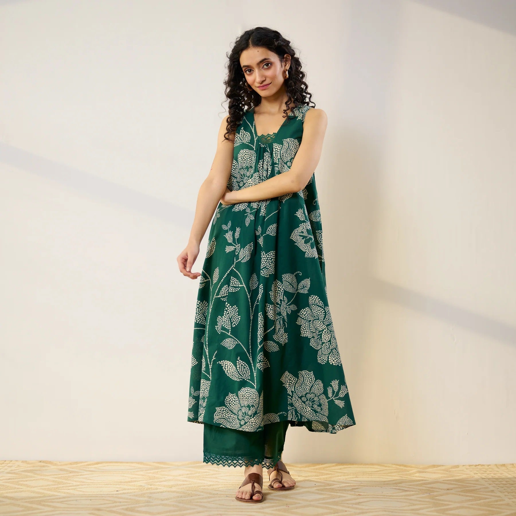Pimu Women Floral Printed Pleated Pure Cotton Kurta with Palazzos-Green - Swadesiicart
