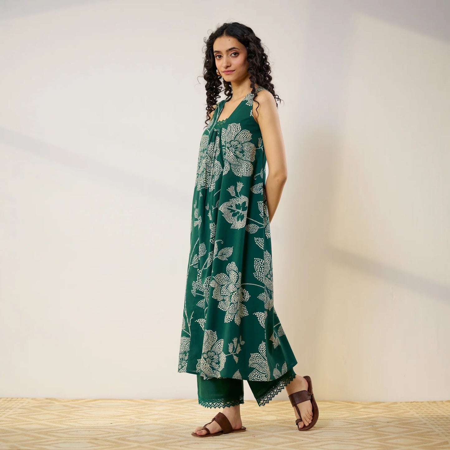 Pimu Women Floral Printed Pleated Pure Cotton Kurta with Palazzos-Green - Swadesiicart