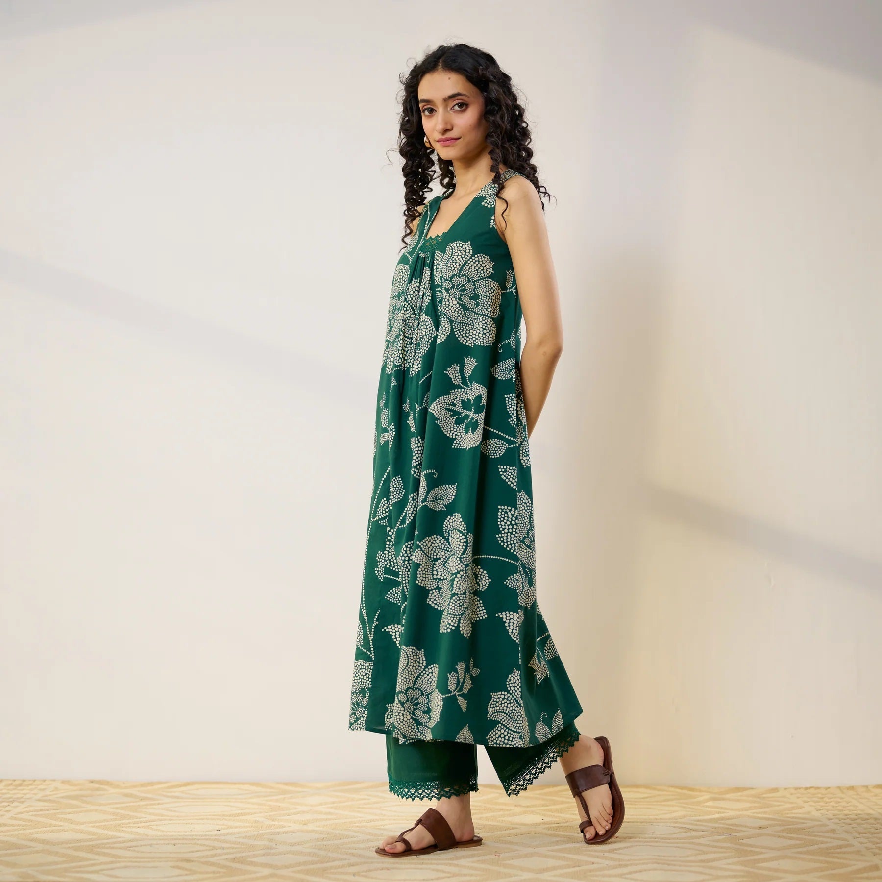 Pimu Women Floral Printed Pleated Pure Cotton Kurta with Palazzos-Green - Swadesiicart