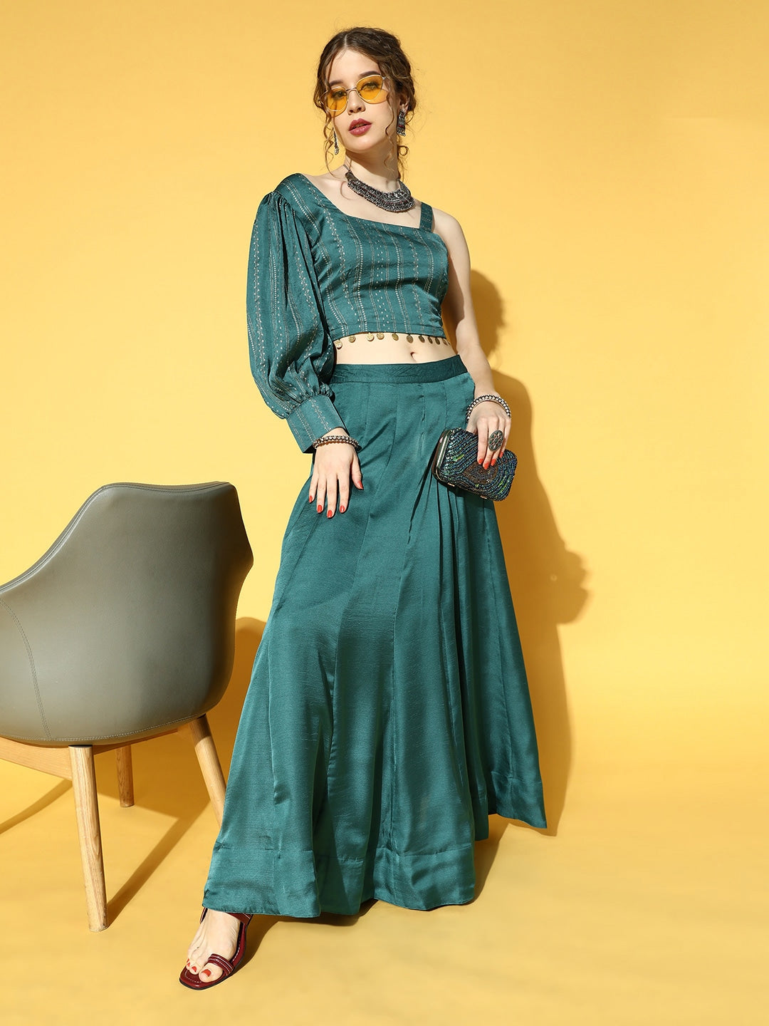 Yufta Green & Beige Co-Ords - Swadesiicart