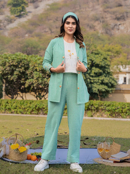 Yufta Green Cotton Checks Print Co Ord Set With Embroidery - Swadesiicart
