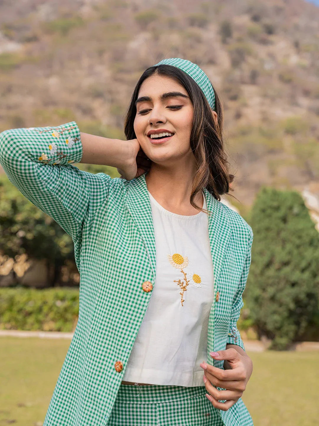 Yufta Green Cotton Checks Print Co Ord Set With Embroidery - Swadesiicart
