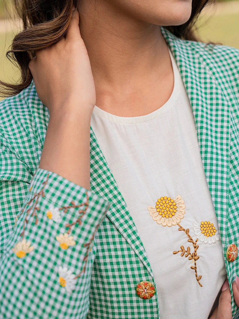 Yufta Green Cotton Checks Print Co Ord Set With Embroidery - Swadesiicart