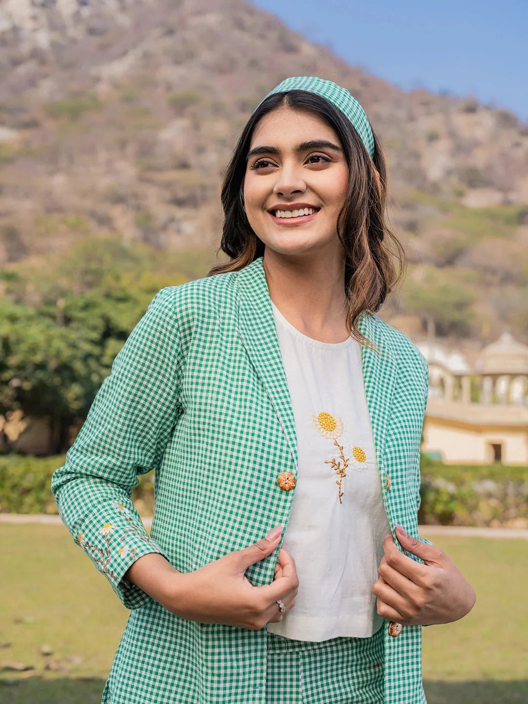 Yufta Green Cotton Checks Print Co Ord Set With Embroidery - Swadesiicart