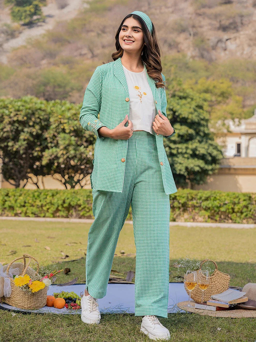 Yufta Green Cotton Checks Print Co Ord Set With Embroidery - Swadesiicart