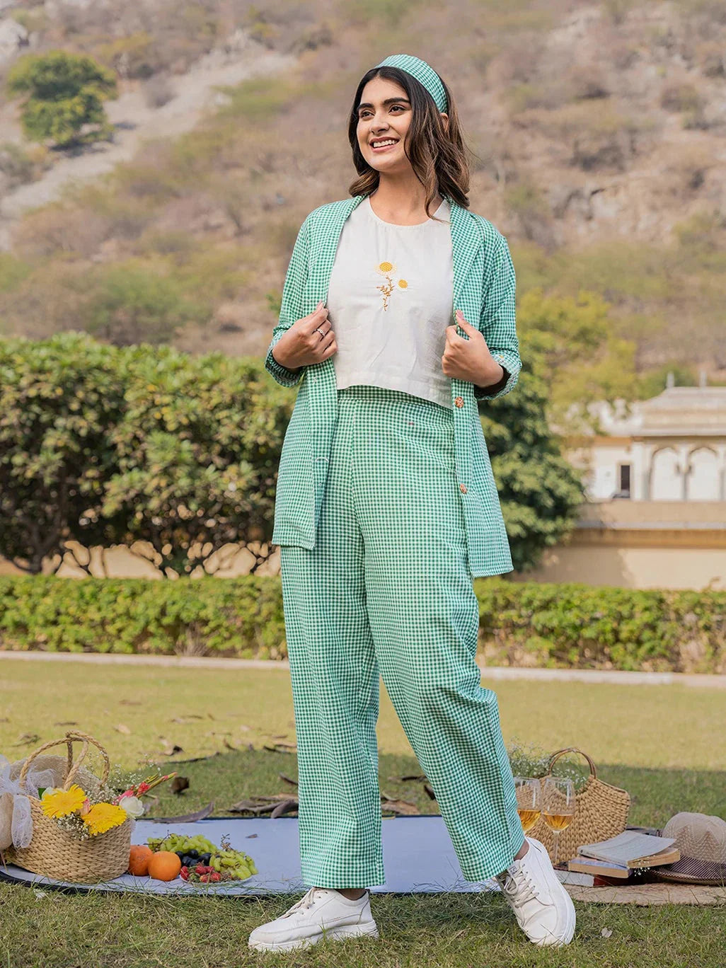 Yufta Green Cotton Checks Print Co Ord Set With Embroidery - Swadesiicart