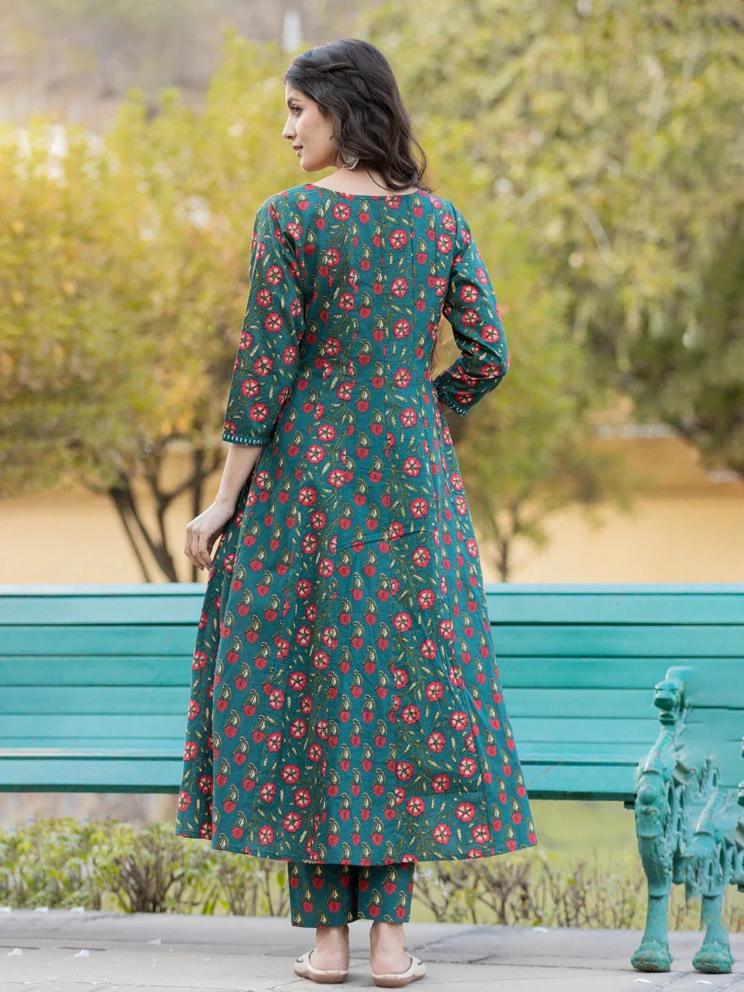 Yufta Green Floral Print Mirror_Work Anarkali Kurta Trouser And Dupatta Set - Swadesiicart