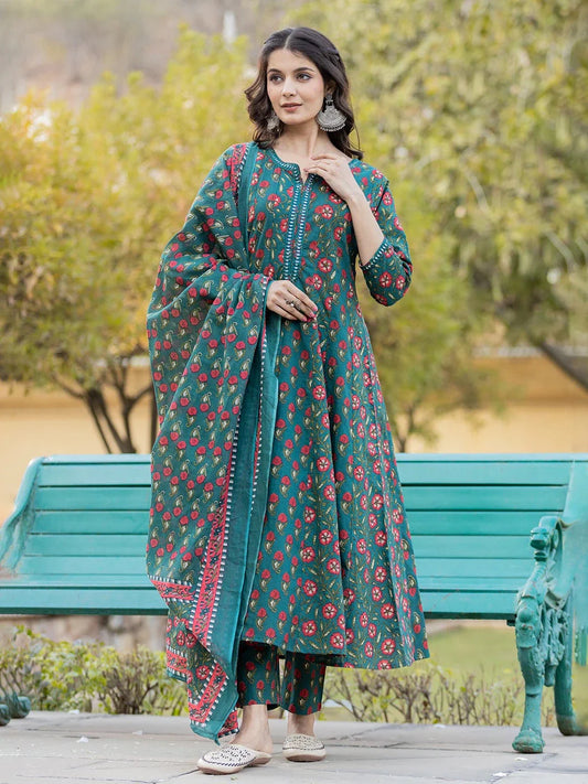 Yufta Green Floral Print Mirror_Work Anarkali Kurta Trouser And Dupatta Set - Swadesiicart