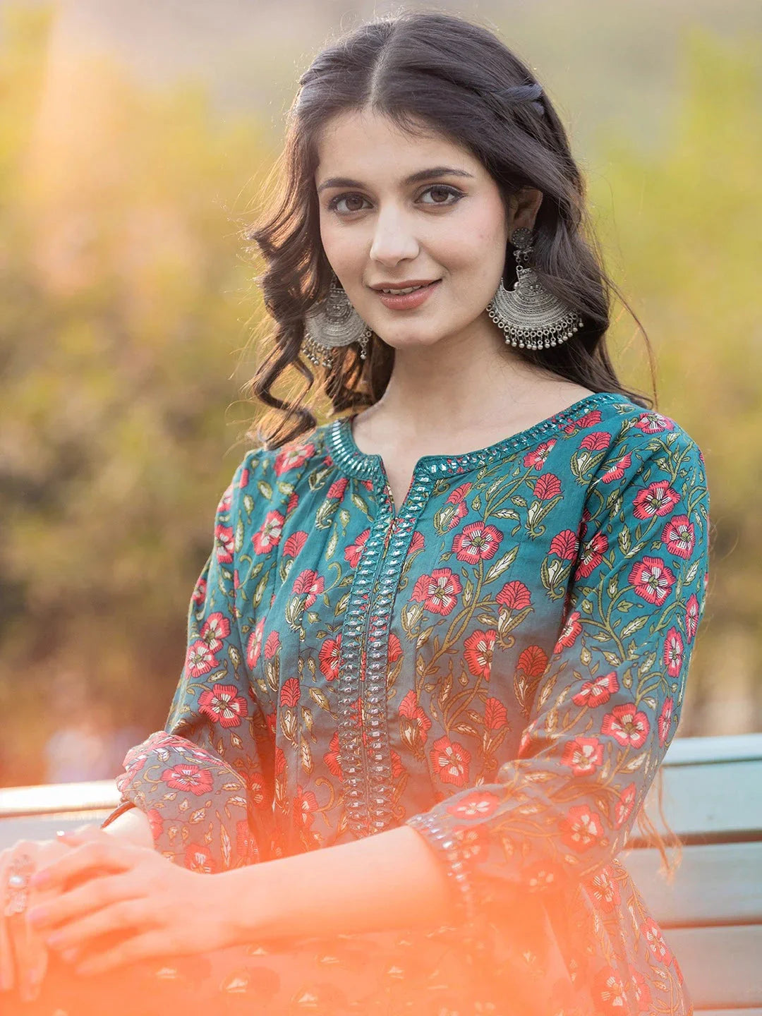 Yufta Green Floral Print Mirror_Work Anarkali Kurta Trouser And Dupatta Set - Swadesiicart