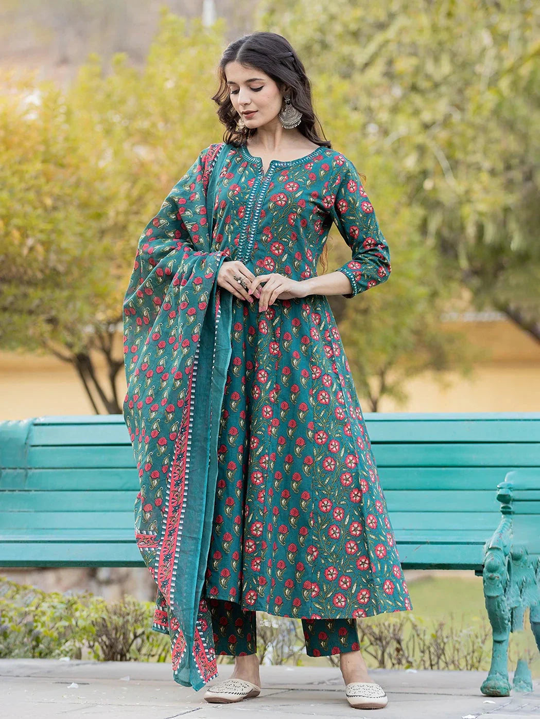 Yufta Green Floral Print Mirror_Work Anarkali Kurta Trouser And Dupatta Set - Swadesiicart