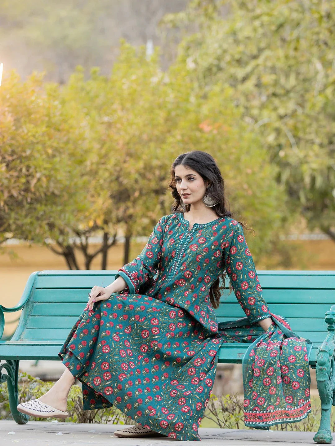 Yufta Green Floral Print Mirror_Work Anarkali Kurta Trouser And Dupatta Set - Swadesiicart