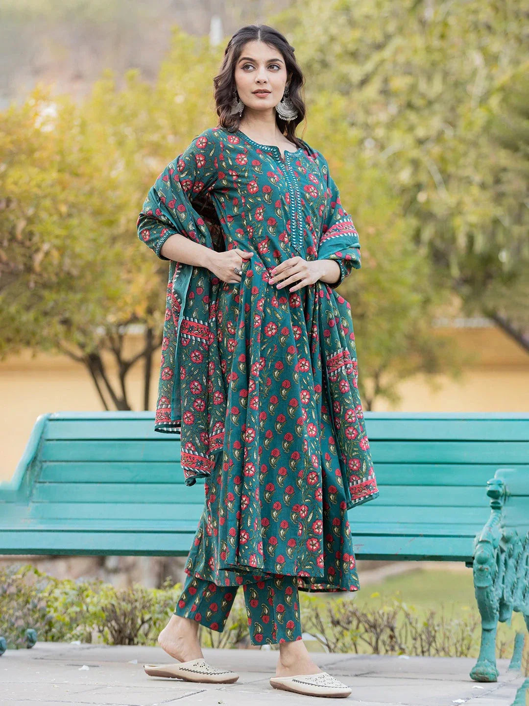 Yufta Green Floral Print Mirror_Work Anarkali Kurta Trouser And Dupatta Set - Swadesiicart
