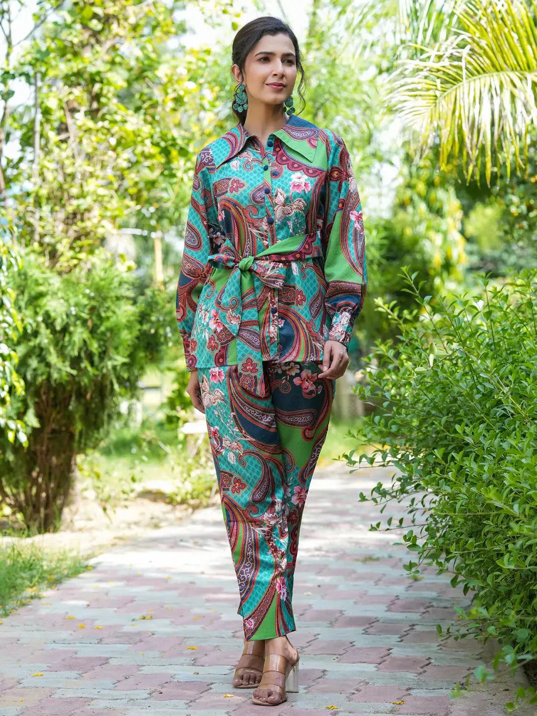 Yufta Green and Turquoise Blue Printed Satin Co-Ords - Swadesiicart