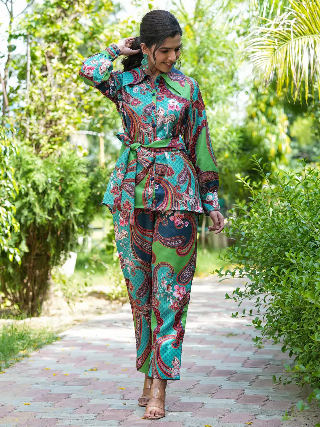 Yufta Green and Turquoise Blue Printed Satin Co-Ords - Swadesiicart