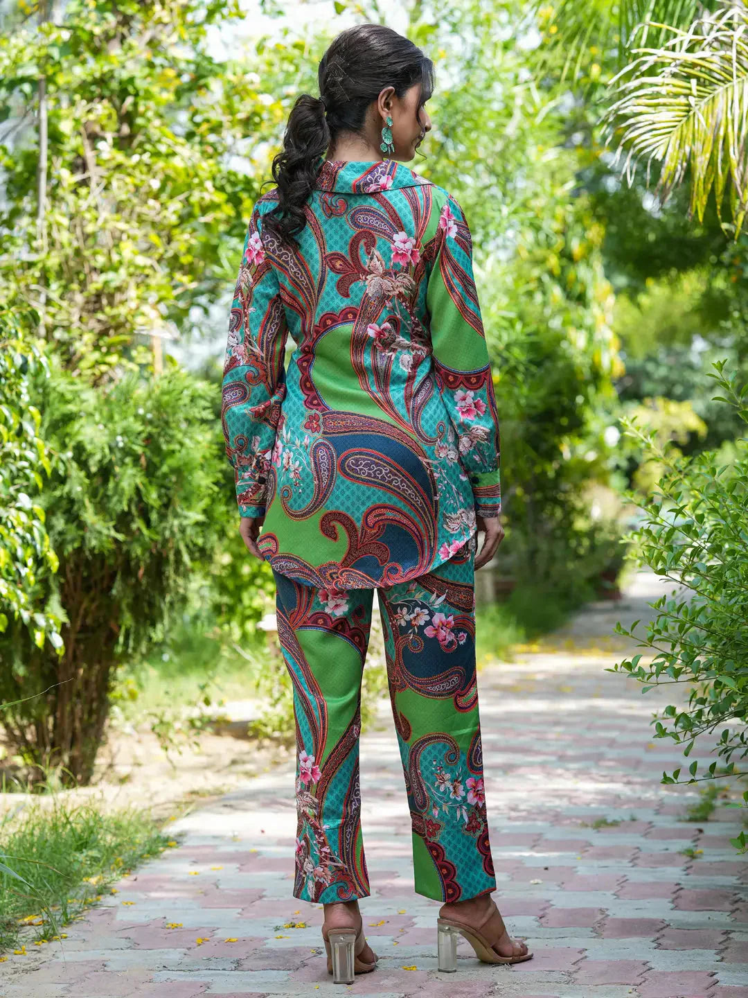 Yufta Green and Turquoise Blue Printed Satin Co-Ords - Swadesiicart