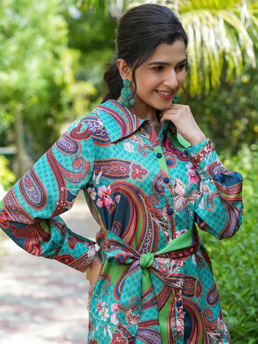 Yufta Green and Turquoise Blue Printed Satin Co-Ords - Swadesiicart