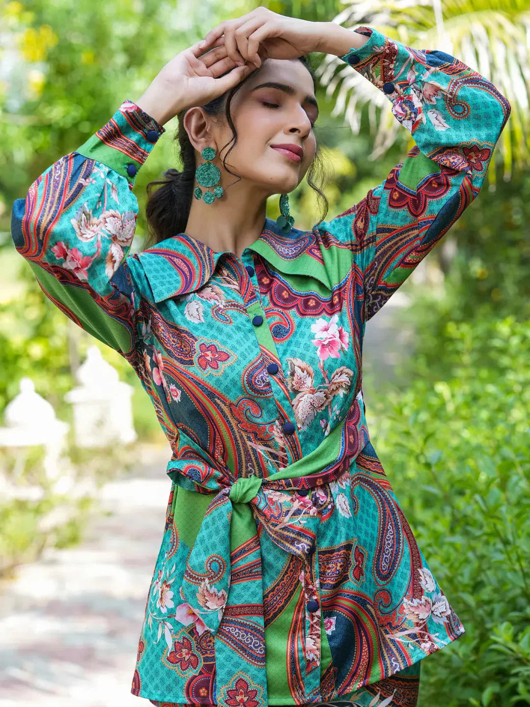 Yufta Green and Turquoise Blue Printed Satin Co-Ords - Swadesiicart