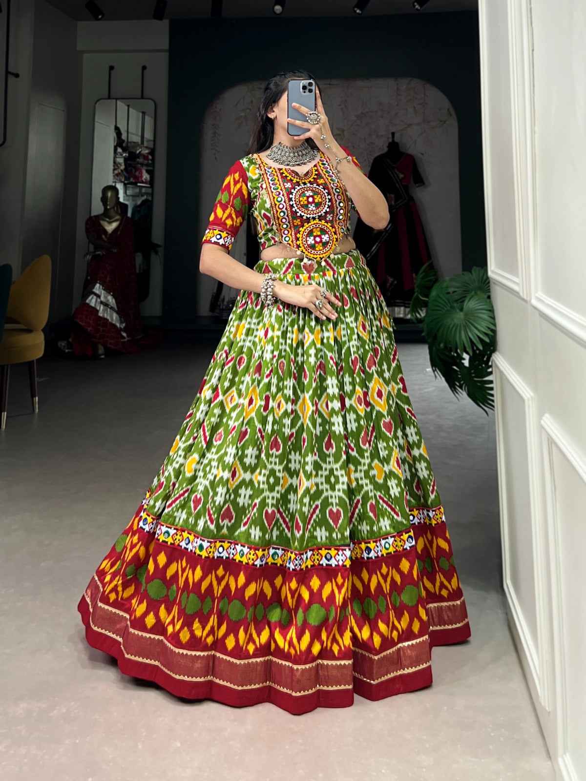 Lorenvalley Green Tussar Silk Patola Print With Foil Work And Original Mirror Gamthi Lace Lehenga Choli with Dupatta | Swadesiicart