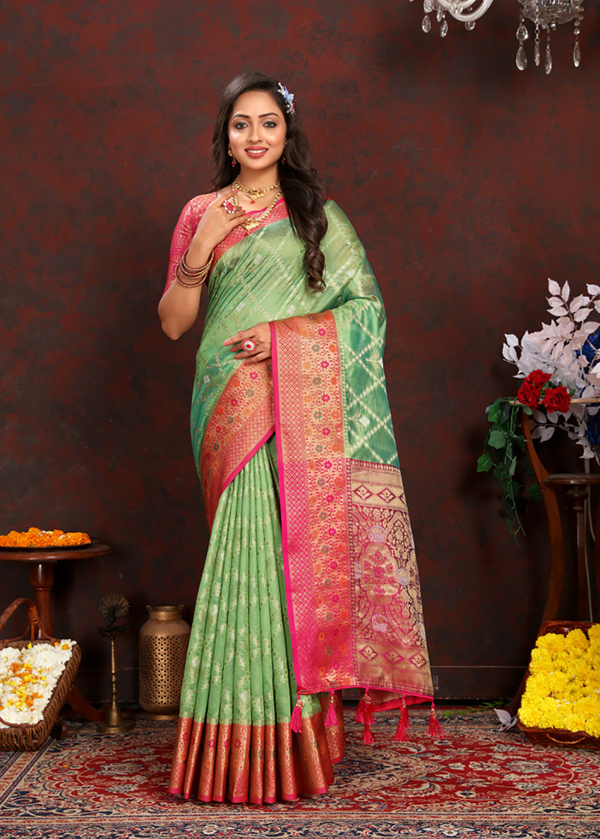 Lorenvalley Fashion Green Organza Silk Woven Design with Rich Meenakari Weaving Pallu Saree - Swadesiicart