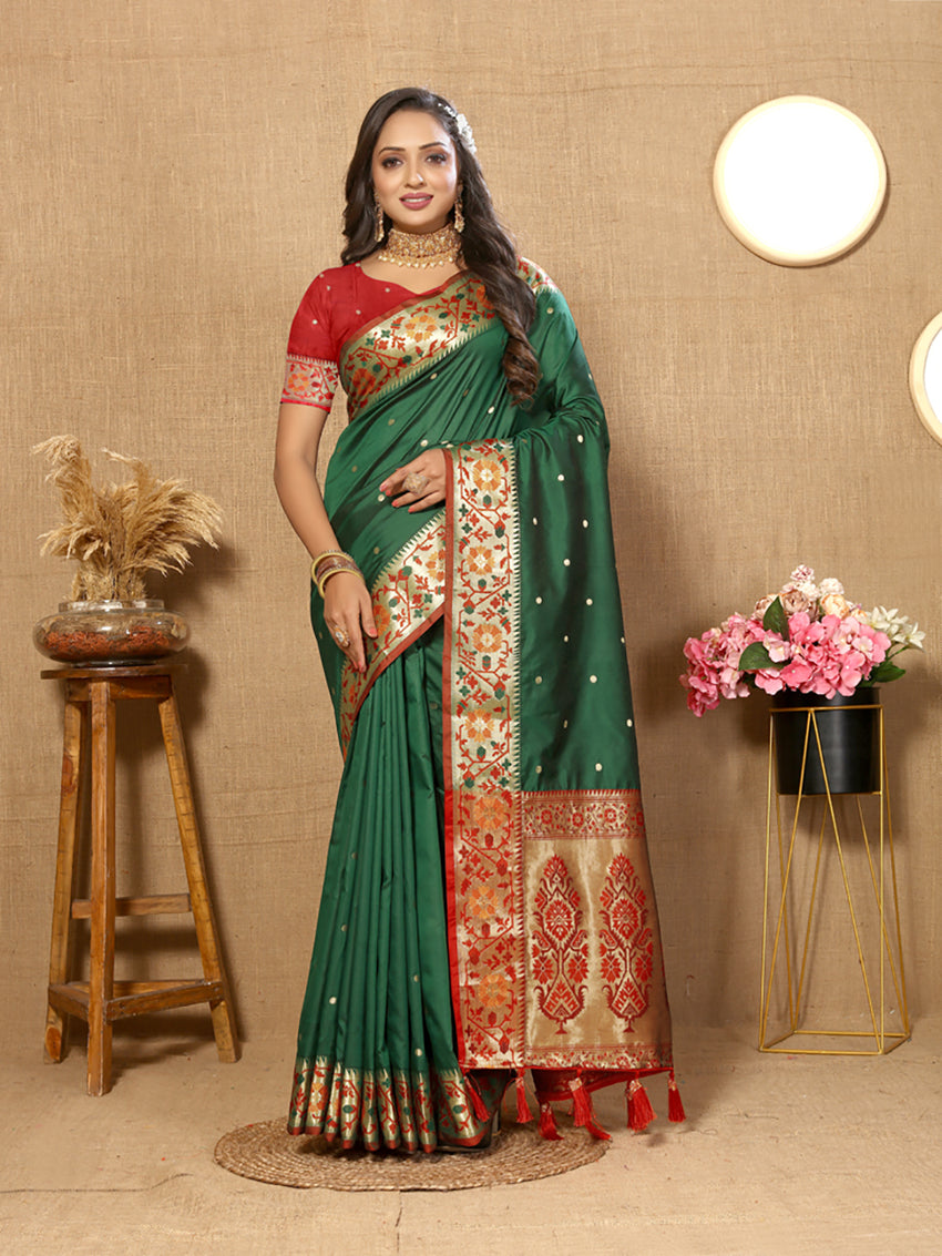 Lorenvalley Fashion Green Soft Paithani Silk Woven Design Rich Meenakari Zari Weaving Pallu Saree - Swadesiicart
