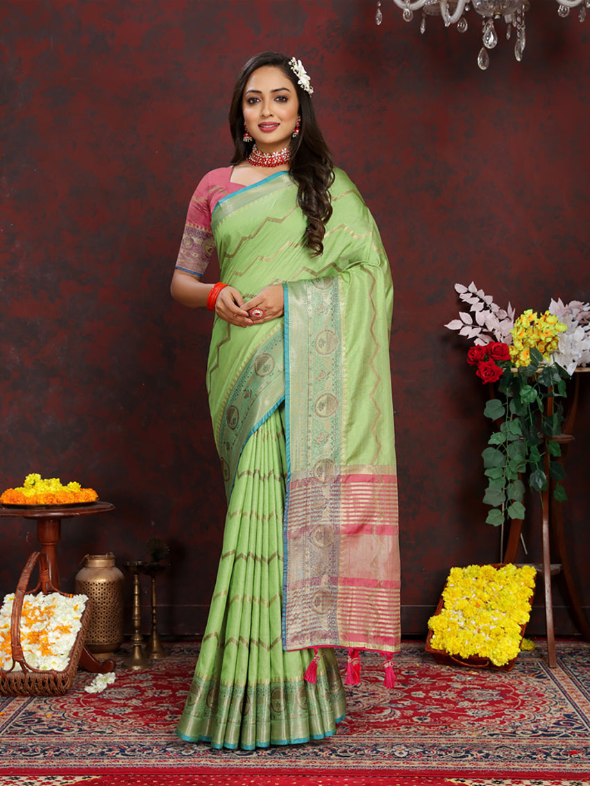 Lorenvalley Fashion Green Soft Katan Silk Woven Design Zari Weaving Pallu Saree - Swadesiicart