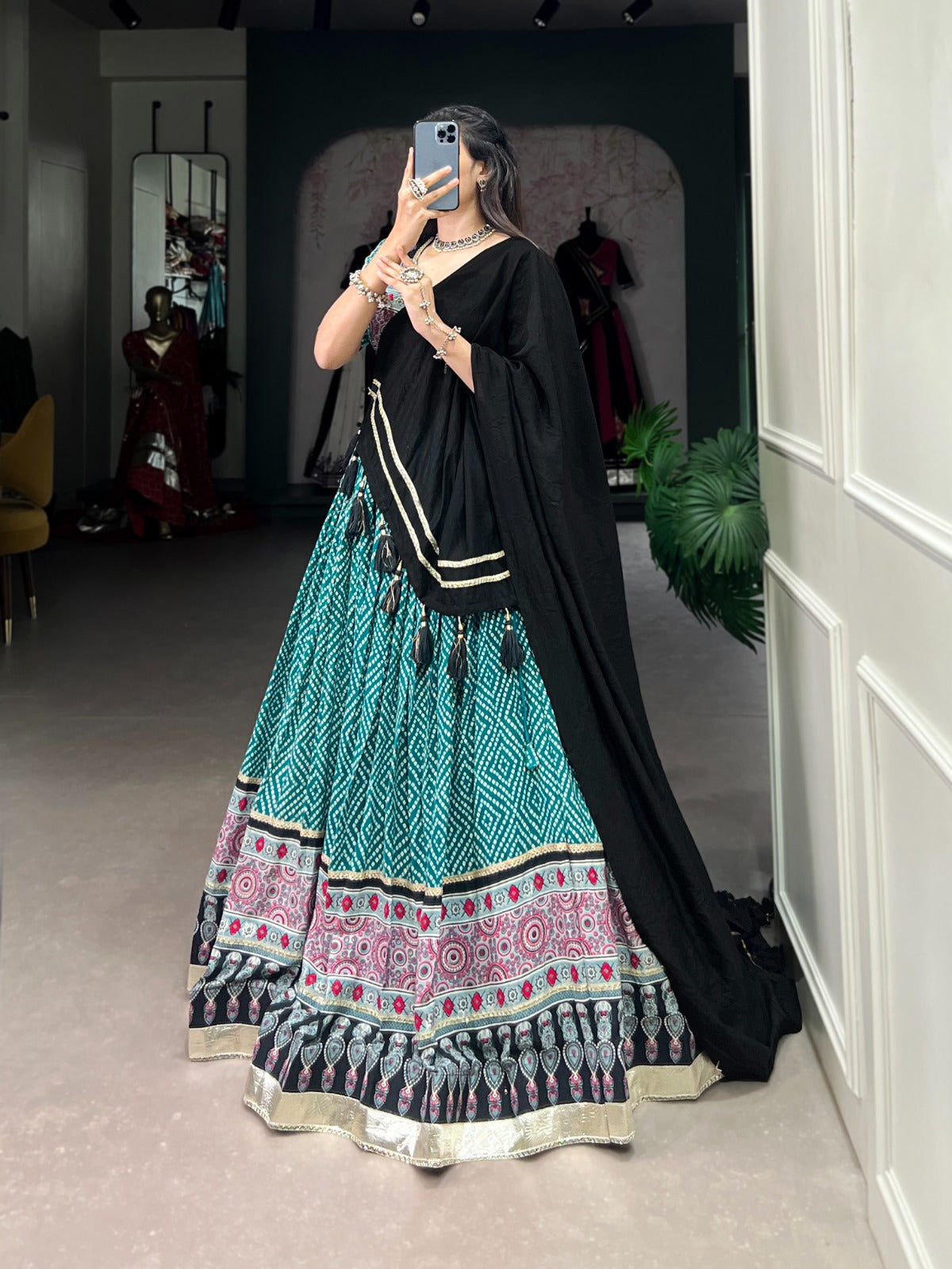 Lorenvalley Green Rayon with Bandhej And Ajarakh Print With Embossed Design Gota Lace Touch up Lehenga Choli | Swadesiicart