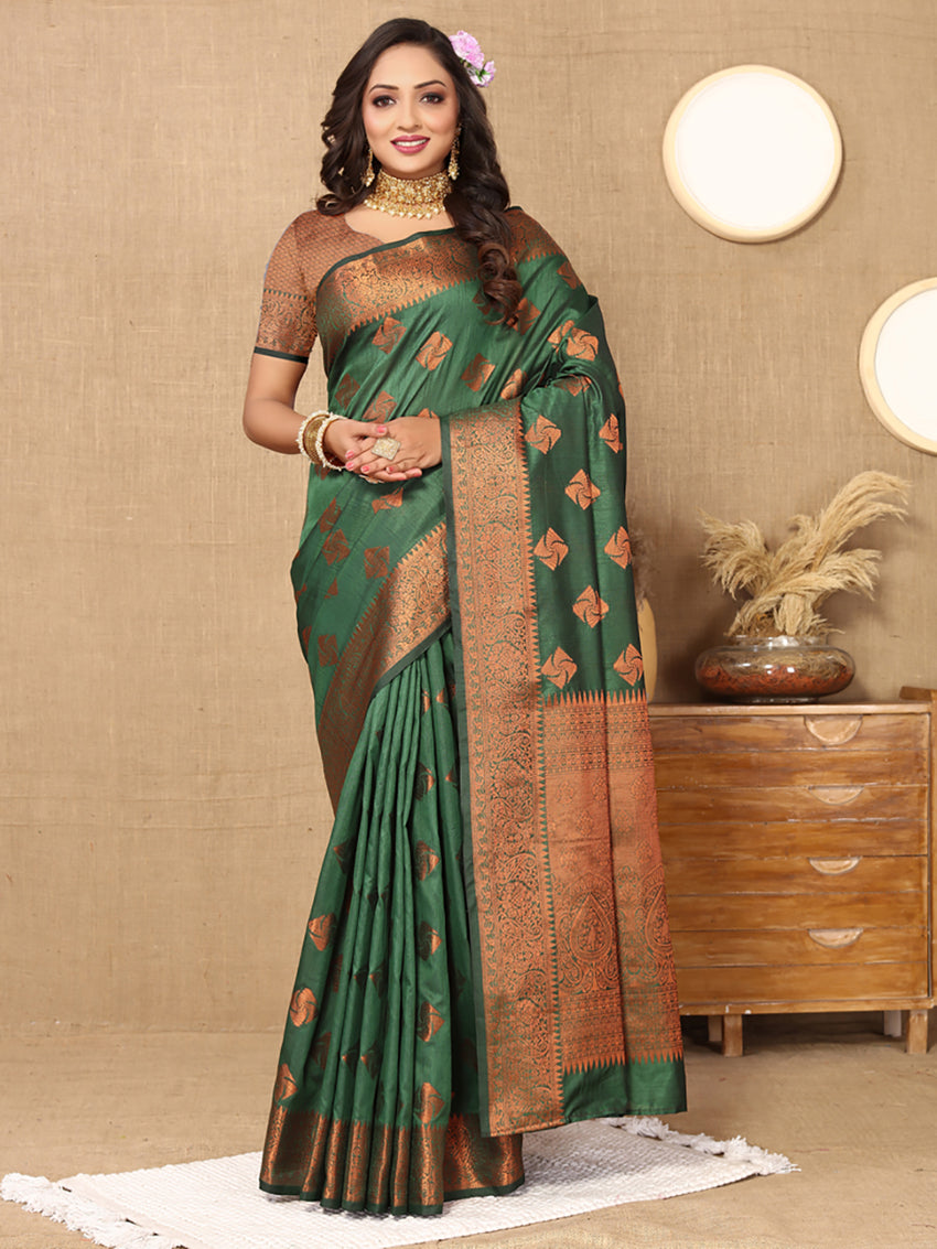 Lorenvalley Fashion Green Soft Katan Silk Woven Design Copper Zari Weaving Saree - Swadesiicart