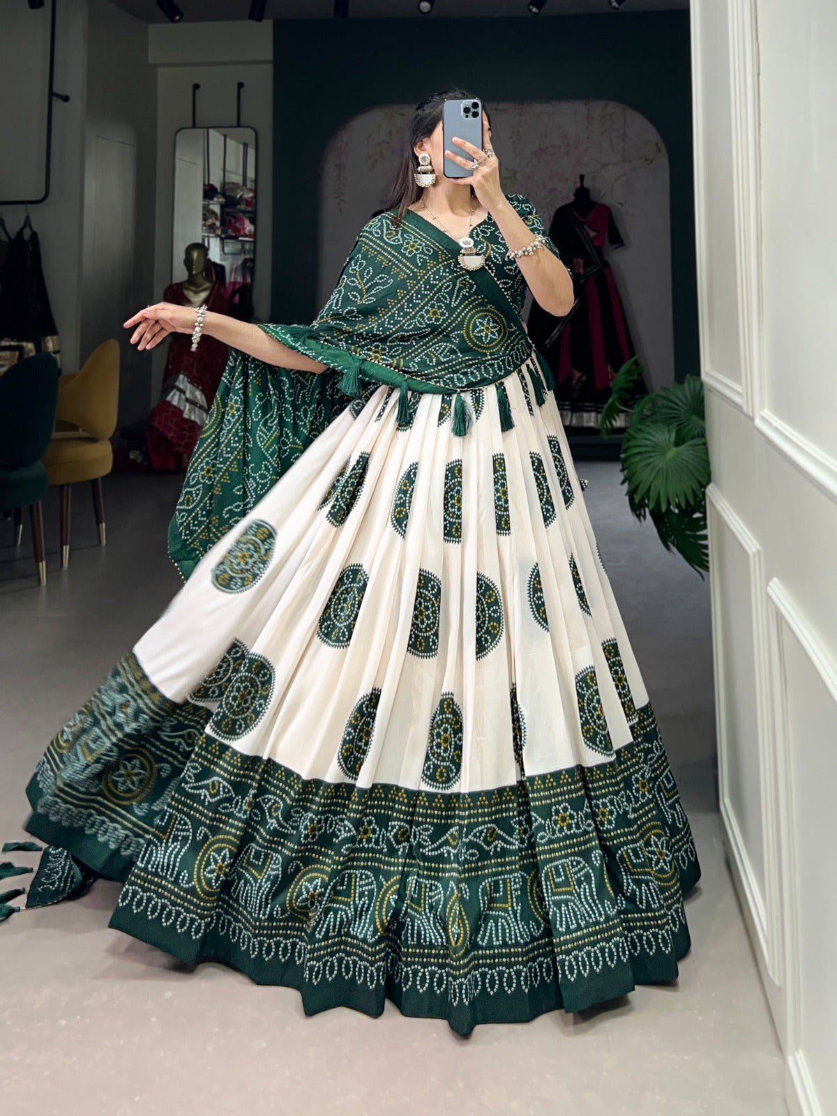 Lorenvalley Green Tussar Silk with Bandhej Print Lehenga Choli | Swadesiicart