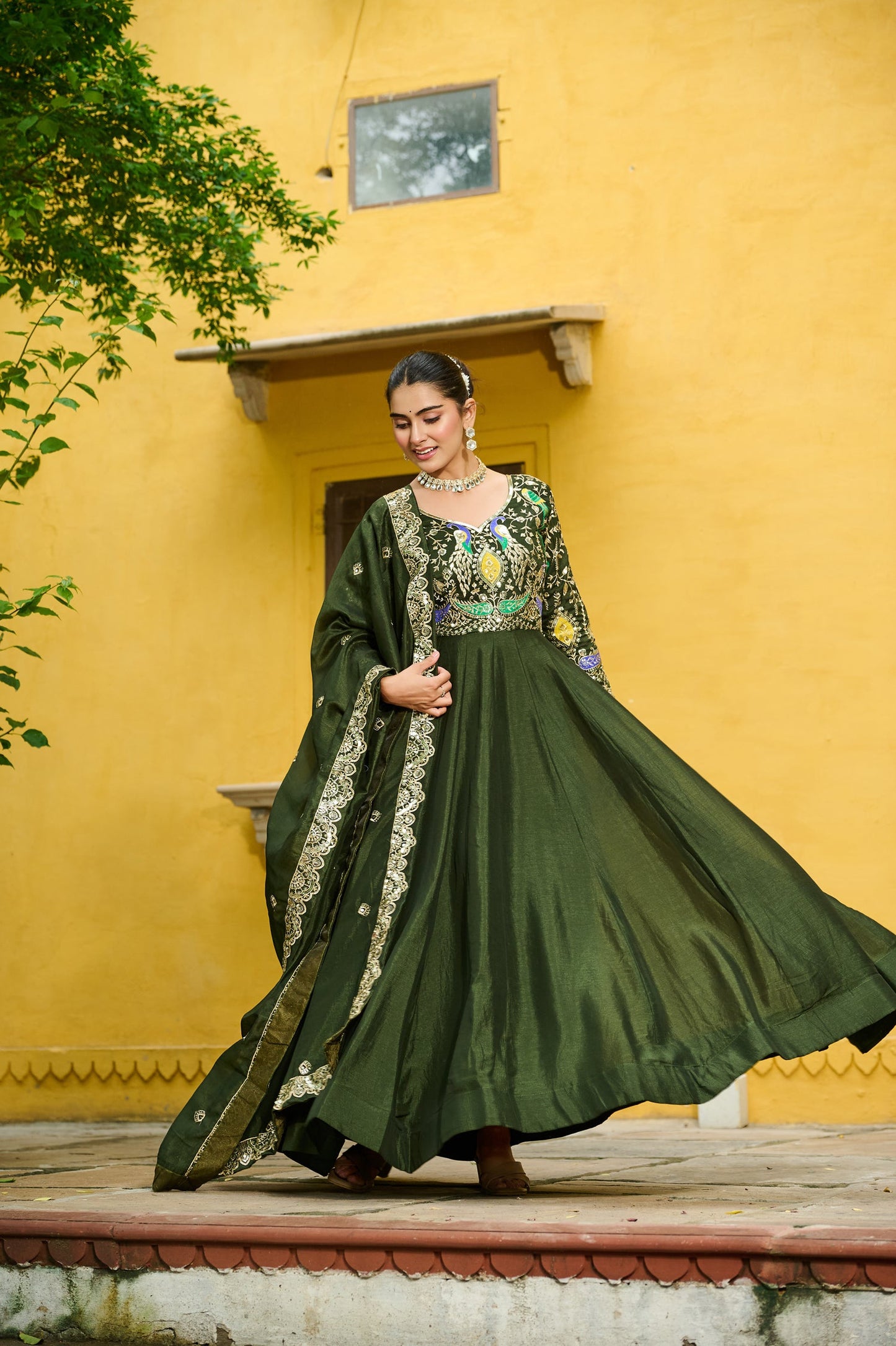 Lorenvalley Fashion Green Vichitra Silk with Multi Thread & Embroidered work Anarkali Gown with Dupatta - Swadesiicart
