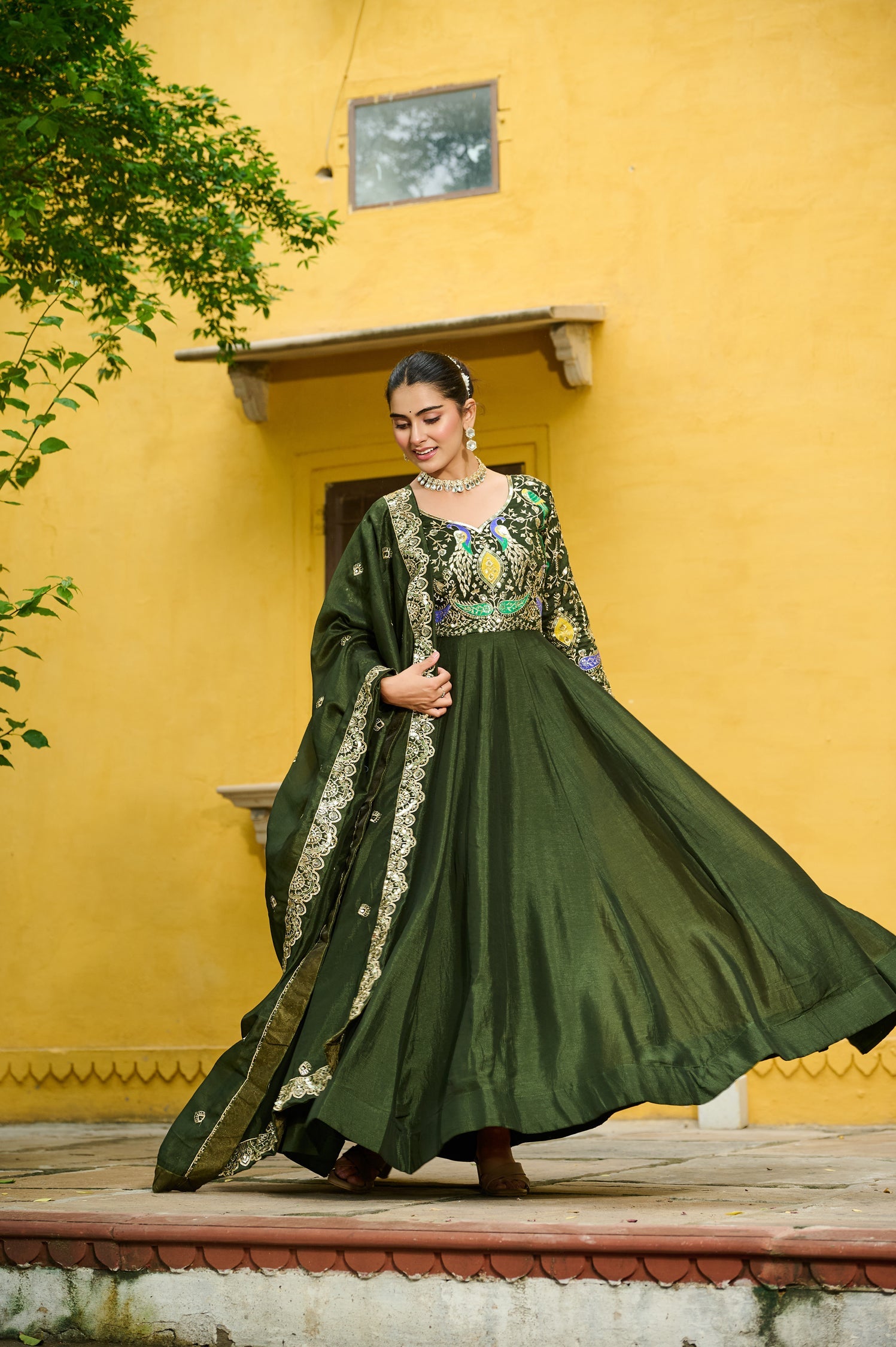 Lorenvalley Fashion Green Vichitra Silk with Multi Thread & Embroidered work Anarkali Gown with Dupatta - Swadesiicart